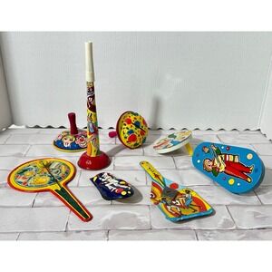Vintage Tin Litho Noise Maker Lot US Metal Toy Mfg Co Circus Clown Party Favors